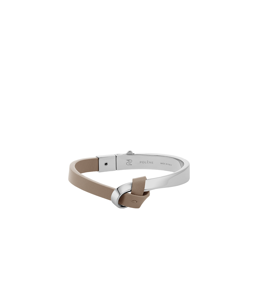 Brazalete rígido Ormé - Plateada con Cuero Taupe
