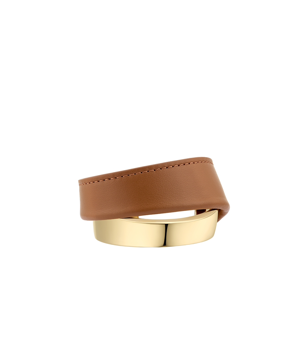 Brazalete rígido Ormé - Dorada con Cuero Camel